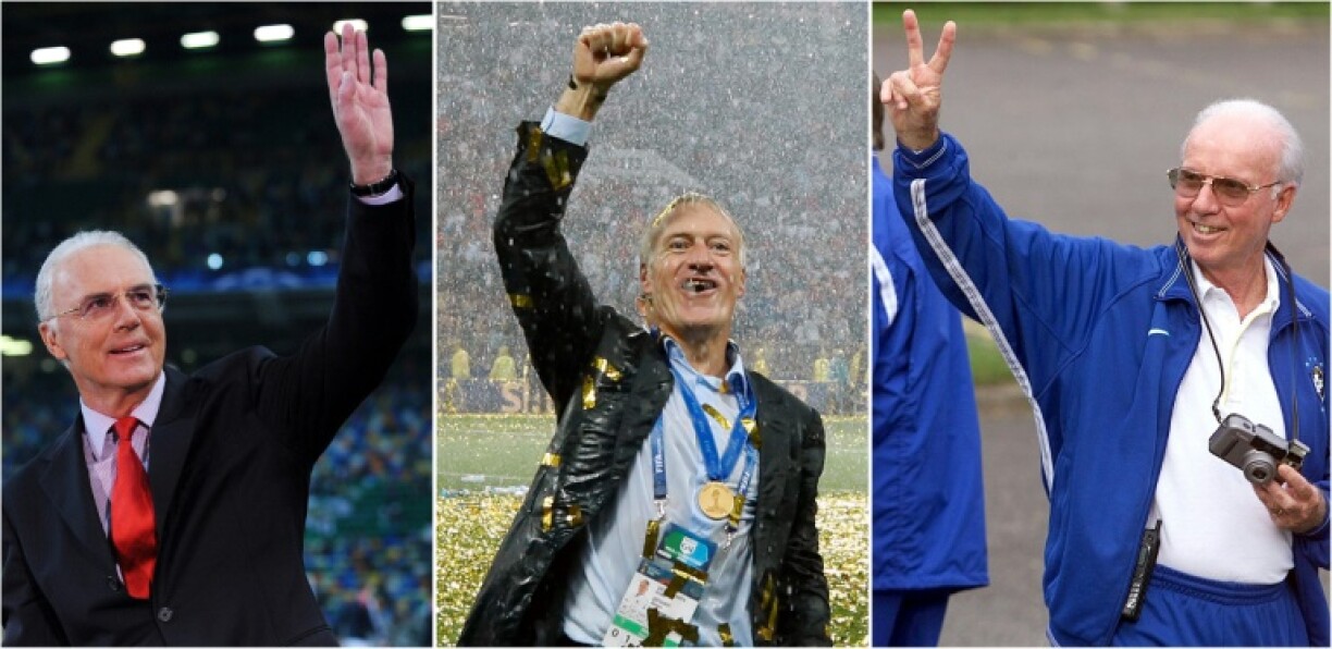 Didier Deschamps (C) is the only remaining man to have won the World Cup as player and coach after both Franz Beckenbauer (L) and Mario Zagallo died in 2024