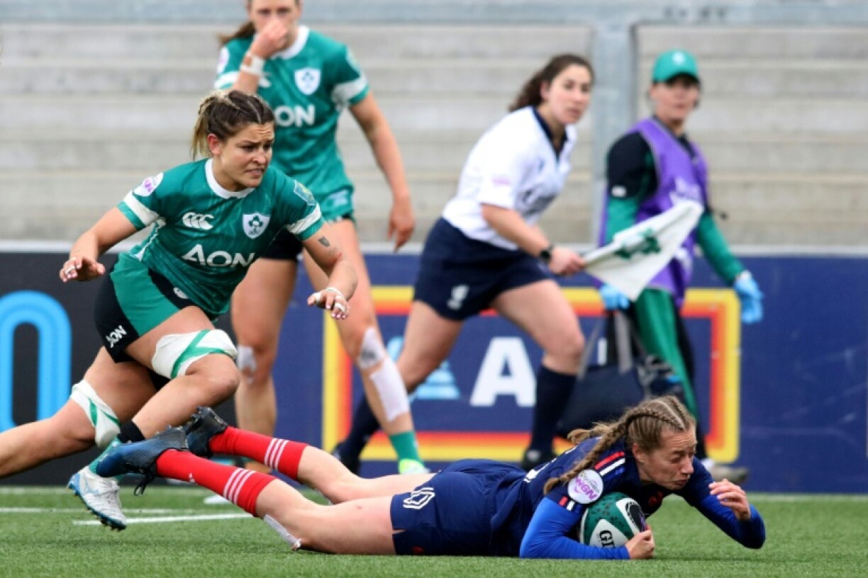 Clinching moment: Emilie Boulard scores a late try for France in their 27-15 Women's Six Nations win over Ireland in Belfast