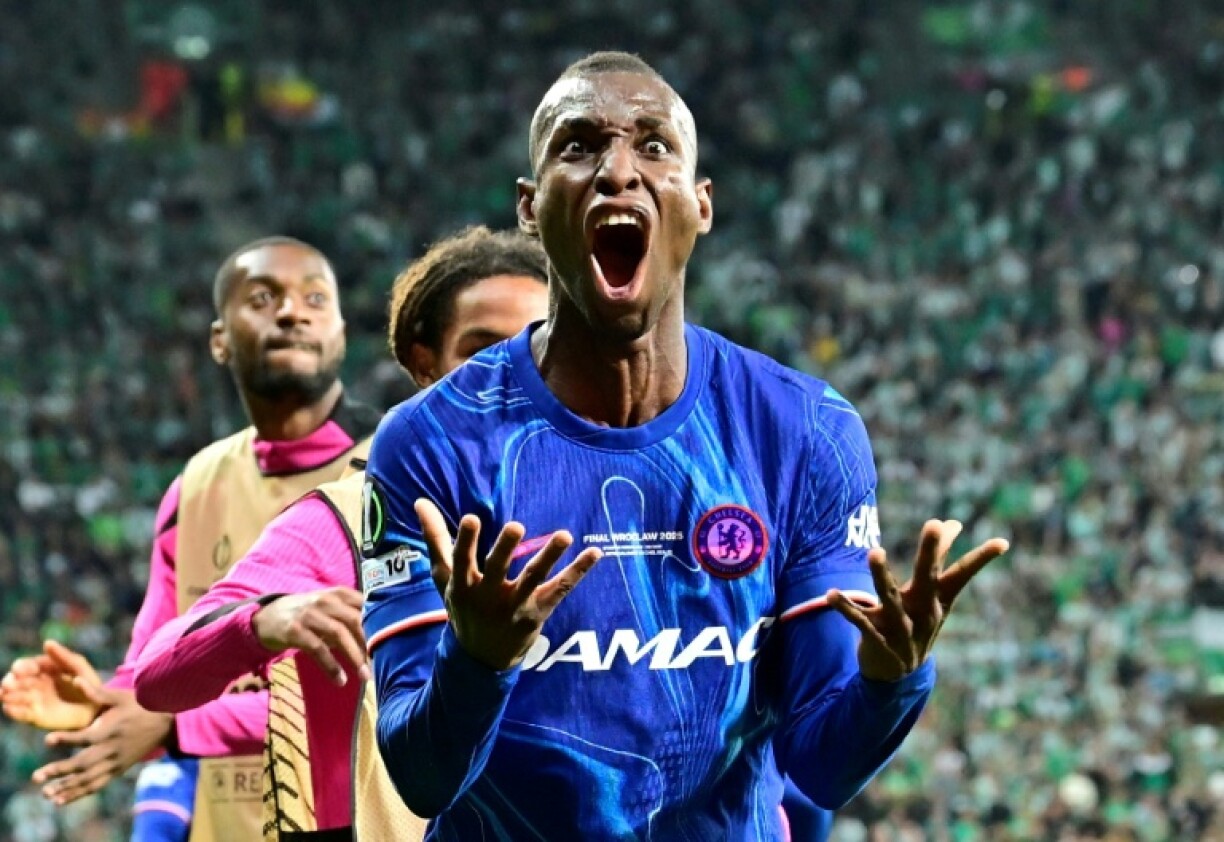 Chelsea's Nicolas Jackson celebrates scoring against Real Betis in the UEFA Conference League final