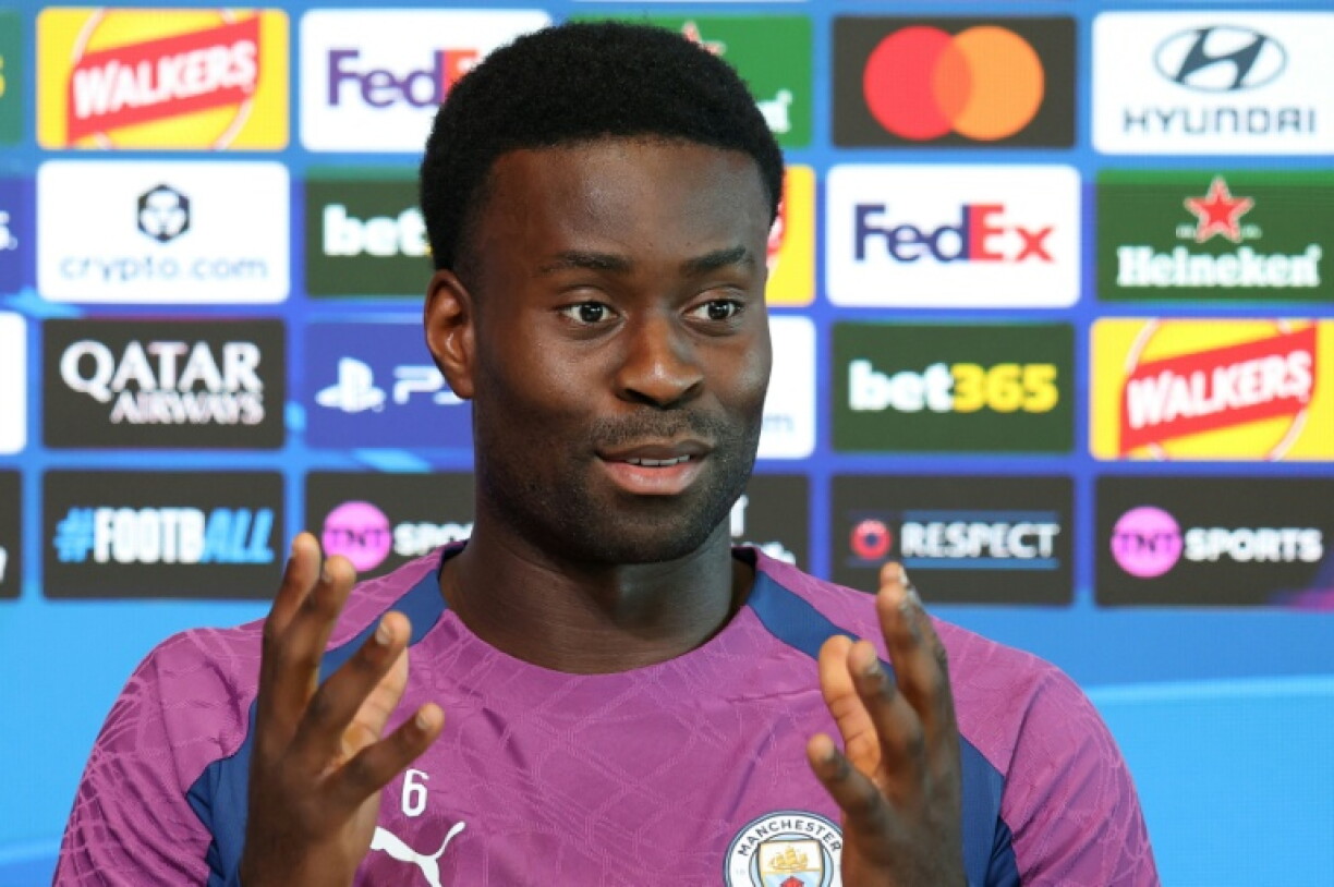 Manchester City defender Marc Guehi speaks during a press conference on the eve of the club's Champions League tie at home to AEK Athens