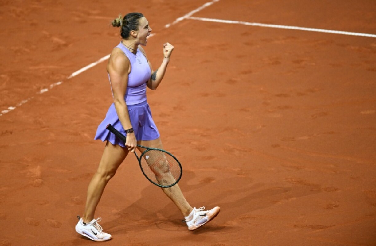 Belarus’ Aryna Sabalenka reacts after winning the semi-final match against Italy’s Jasmine Paolini