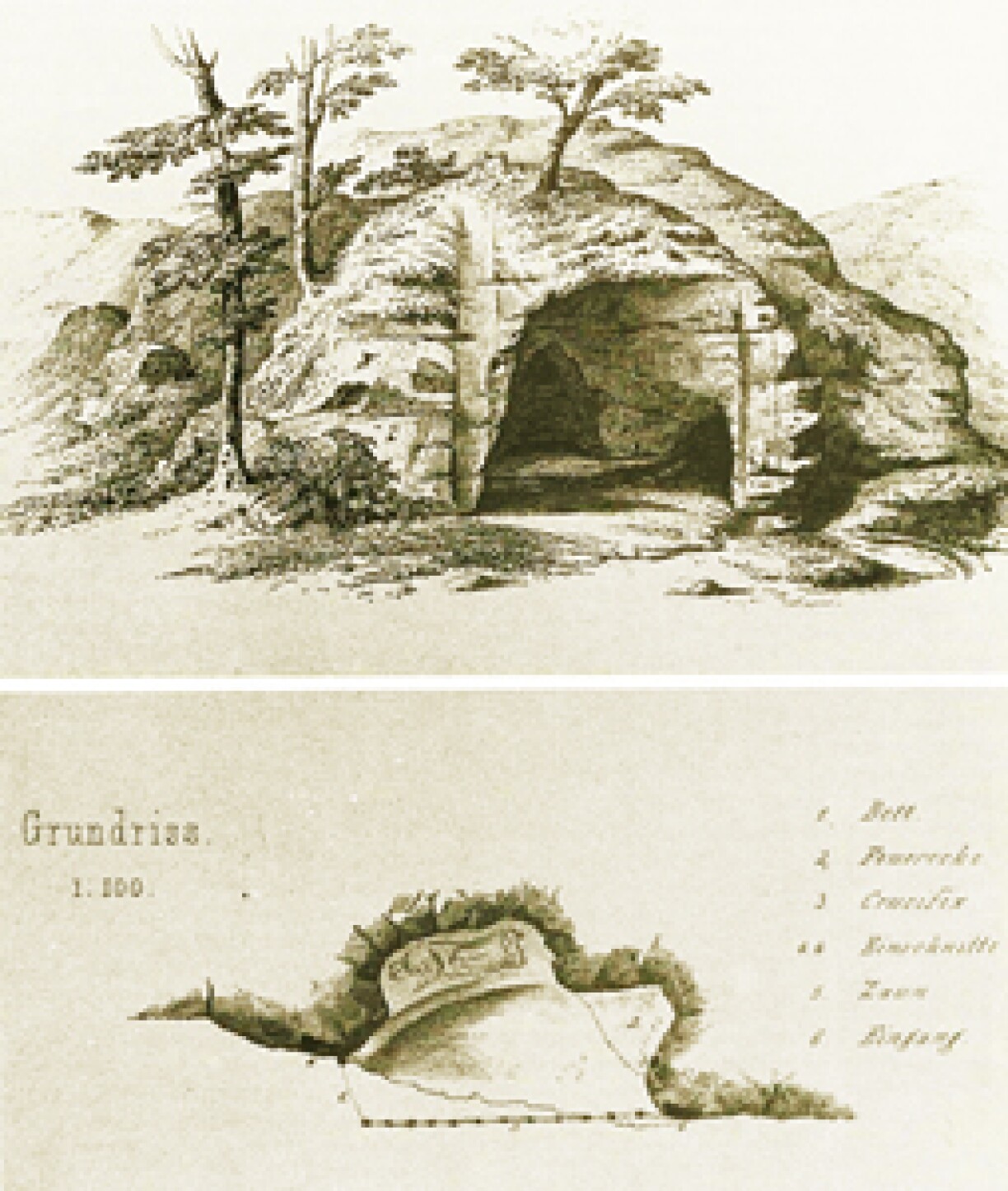 Scheme of the hermit's cave. Print of architect Charles Arendt (1860).