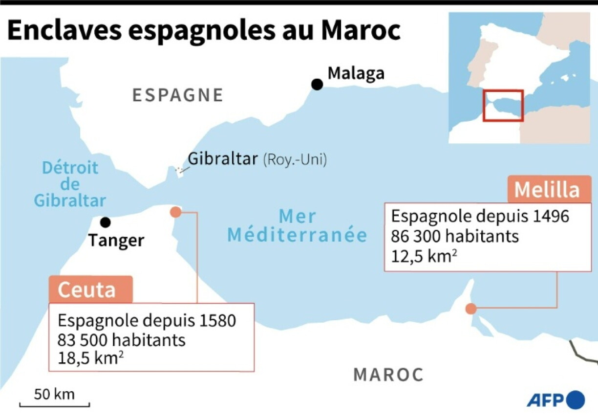 Localisation et données sur les enclaves espagnoles de Ceuta et Melilla au Maroc