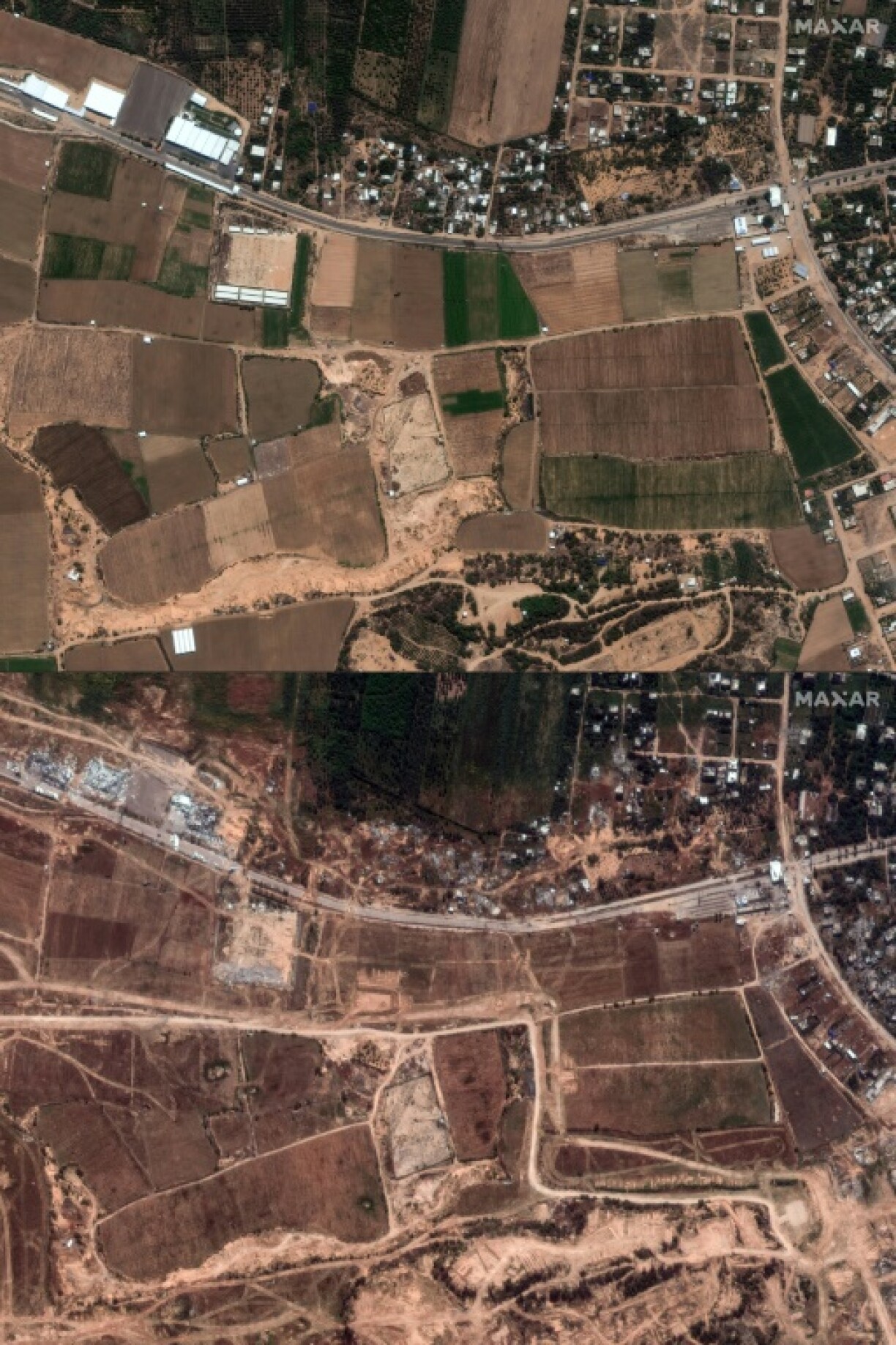 Combo créé le 5 avril 2024 d'images satellite publiées par Maxar Technologies datées du 18 septembre 2023 (haut) et du 5 avril 2024 (bas) montrant la destruction le long de la route Salah al-Din, au sud du point de passage d'Erez, entre le nord de Gaza et Israël