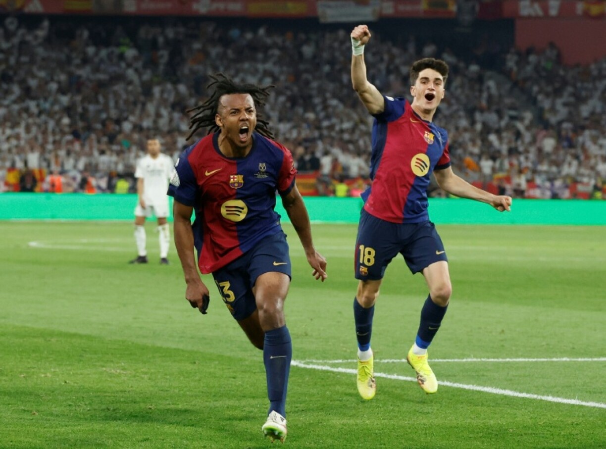 Barcelona's French defender Jules Kounde celebrates scoring his team's Copa del Rey final winner
