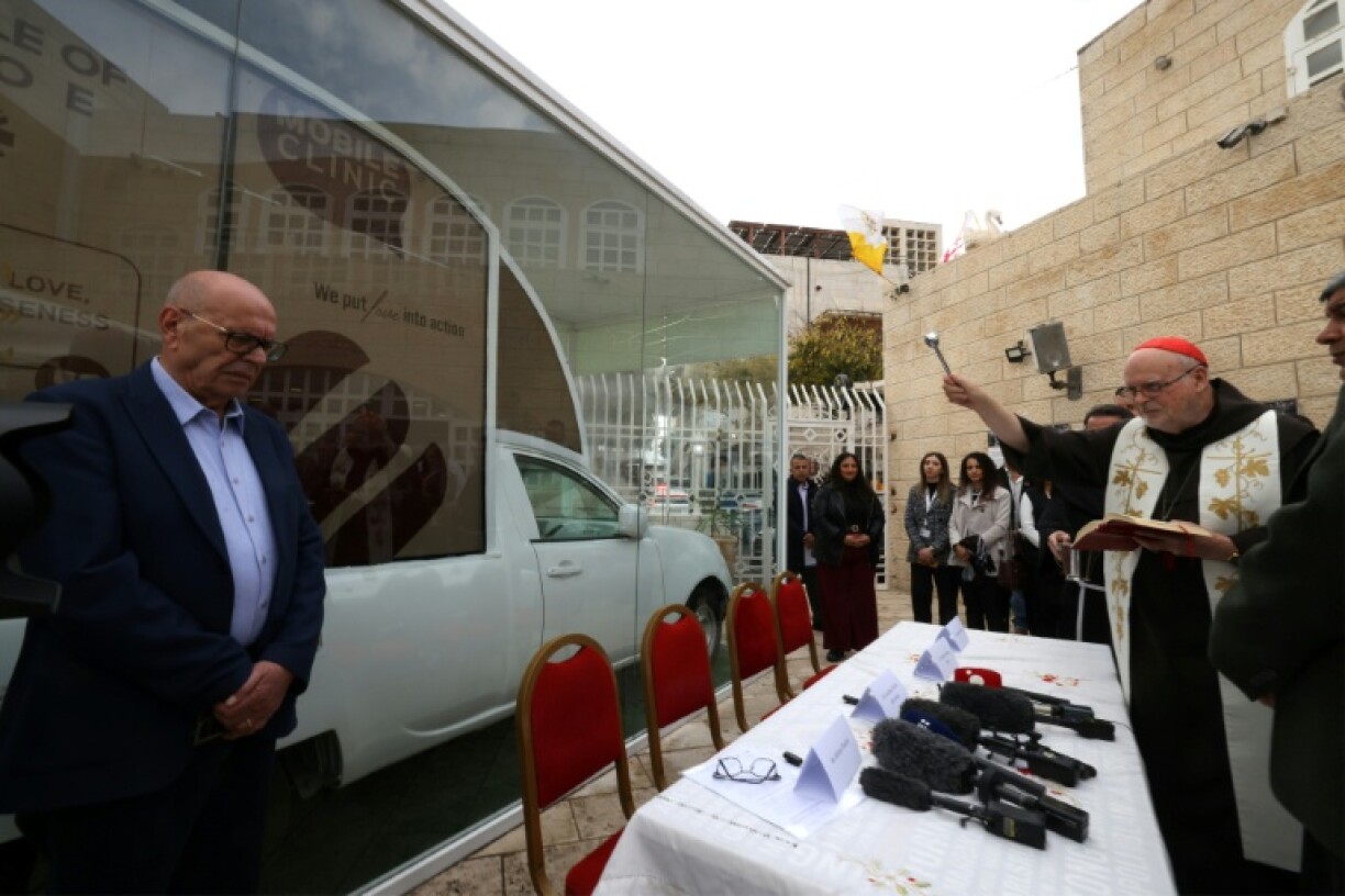 Swedish Cardinal Anders Arborelius blessed the converted popemobile which is intended to become a children's clinic in Gaza