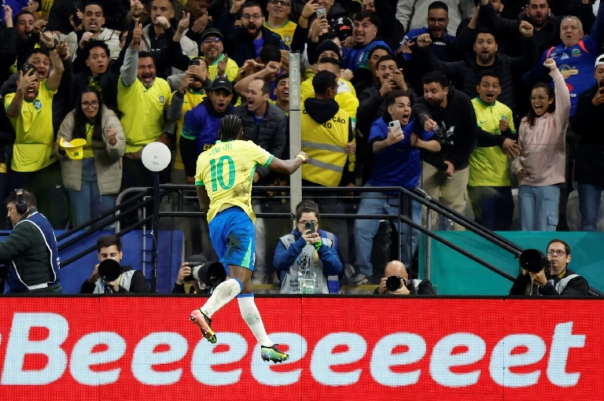 Brazil forward Vinicius Jr celebrates after scoring the goal that fired the five-time world champions into next year's World Cup finals