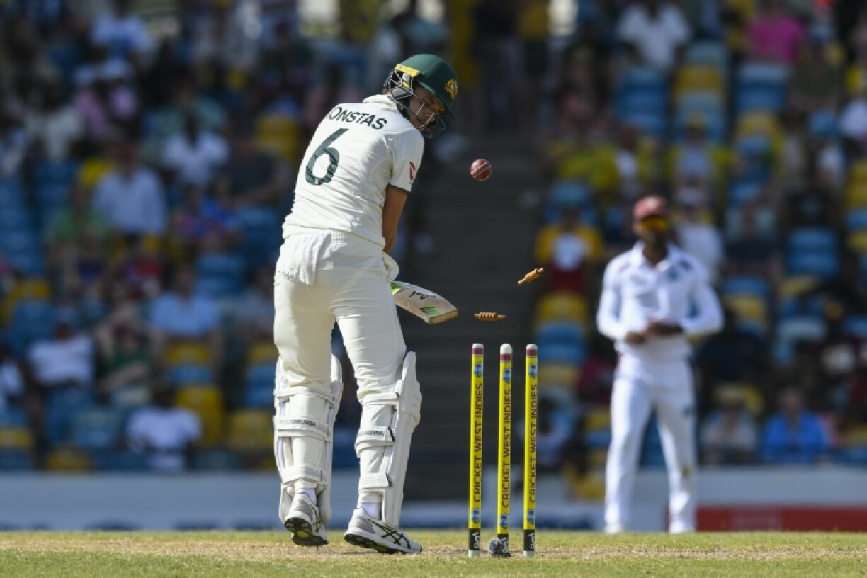 Australia's Sam Konstas bowled by West Indies' Shamar Joseph during the second day of the 1st Test match at Kensington Oval, Bridgetown, Barbados