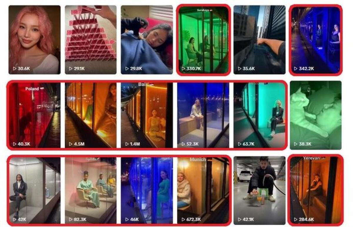 Screenshot of similar videos posted by the TikTok account, taken on February 10, 2026. Red boxes added by AFP.