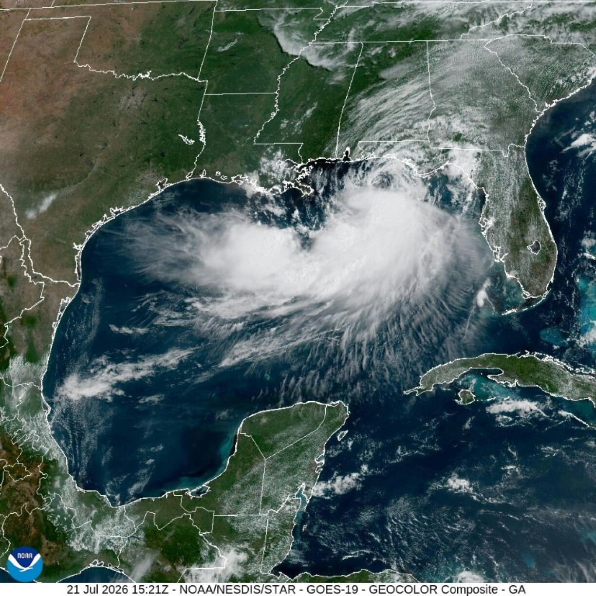This handout satellite image from the National Oceanic and Atmospheric Administration (NOAA) shows Tropical Storm Bertha in the Gulf of Mexico at 15:21 GMT on July 21, 2026