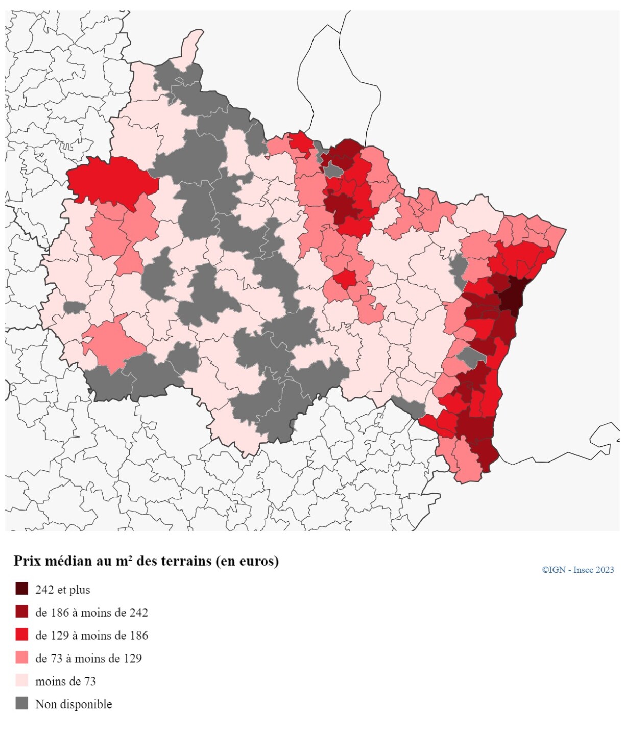 L'étude de l'Insee montre bien un prix moyen plus élevés pour les terrains à bâtir du sillon lorrain. La proximité avec le Luxembourg jouant un rôle d'accélérateur.