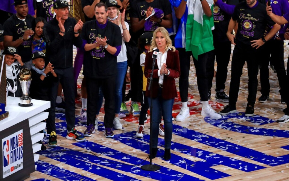 Los Angeles Lakers governor Jeanie Buss speaks after the team's 2020 NBA Finals victory over the Miami Heat