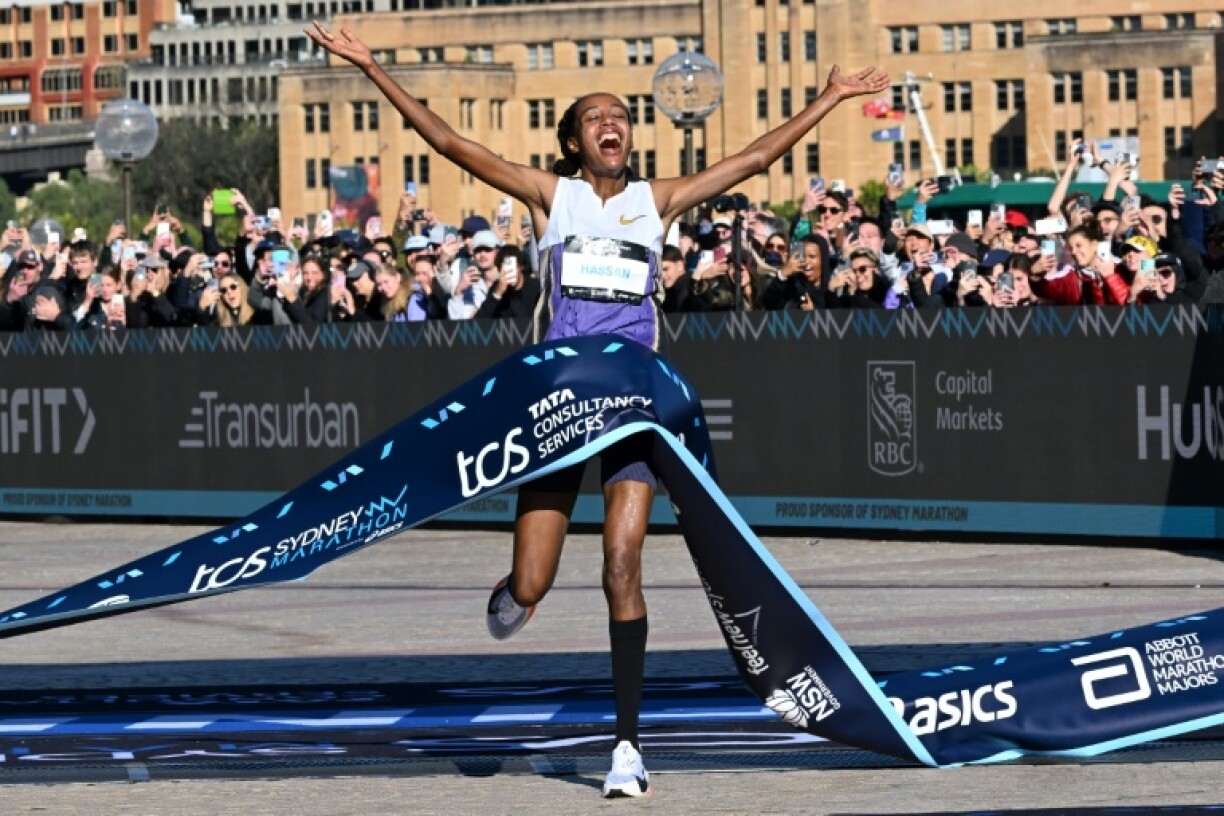 Netherlands's Sifan Hassan crosses the finish line first in the 2025 Sydney Marathon