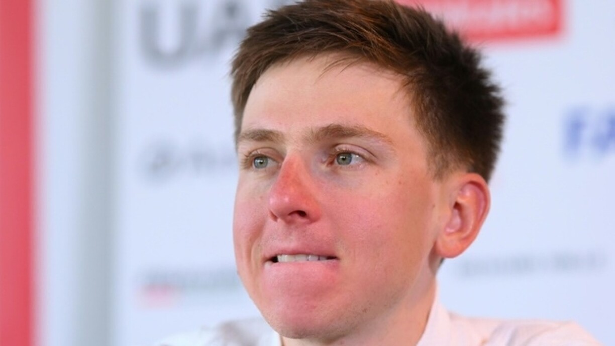 Le triple vainqueur du Tour de France, le Slovène Tadej Pogacar, lors d'une conférence de presse avant le Tour des Flandres, le 3 avril 2025 à Waregem (Belgique)