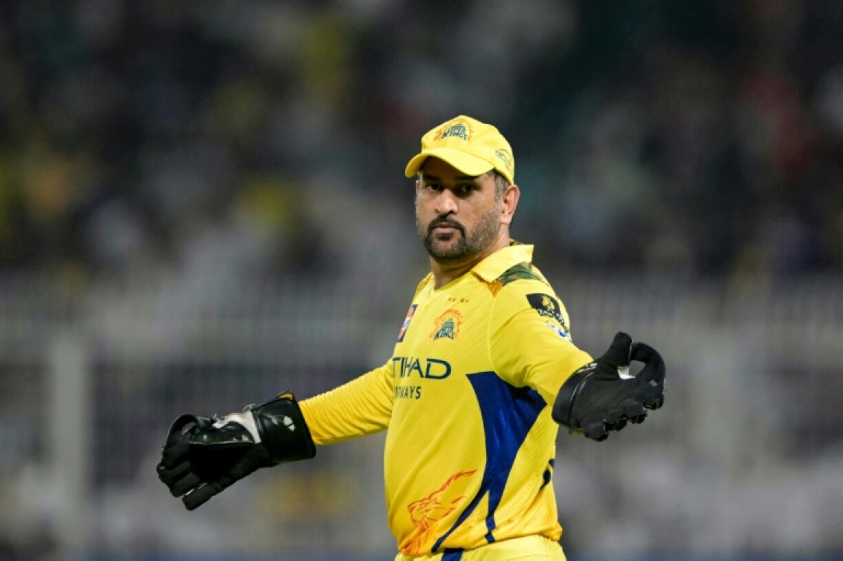 Chennai Super Kings' captain Mahendra Singh Dhoni gestures during the match against Kolkata Knight Riders