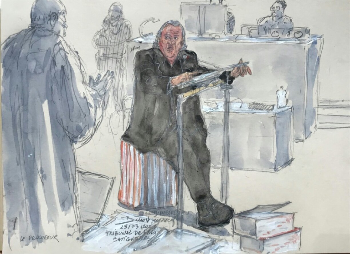 The court sketch shows French actor Gerard Depardieu being auditioned during his trial in which he is accused of sexually abusing two women during a film shoot in 2021