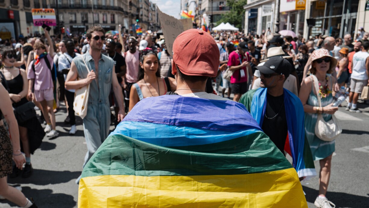 Photo taken at the Pride march in Paris on 28 June 2025.