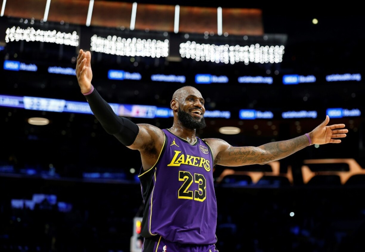 LeBron James of the Los Angeles Lakers reacts during the team's 120-112 NBA victory over the Golden State Warriors