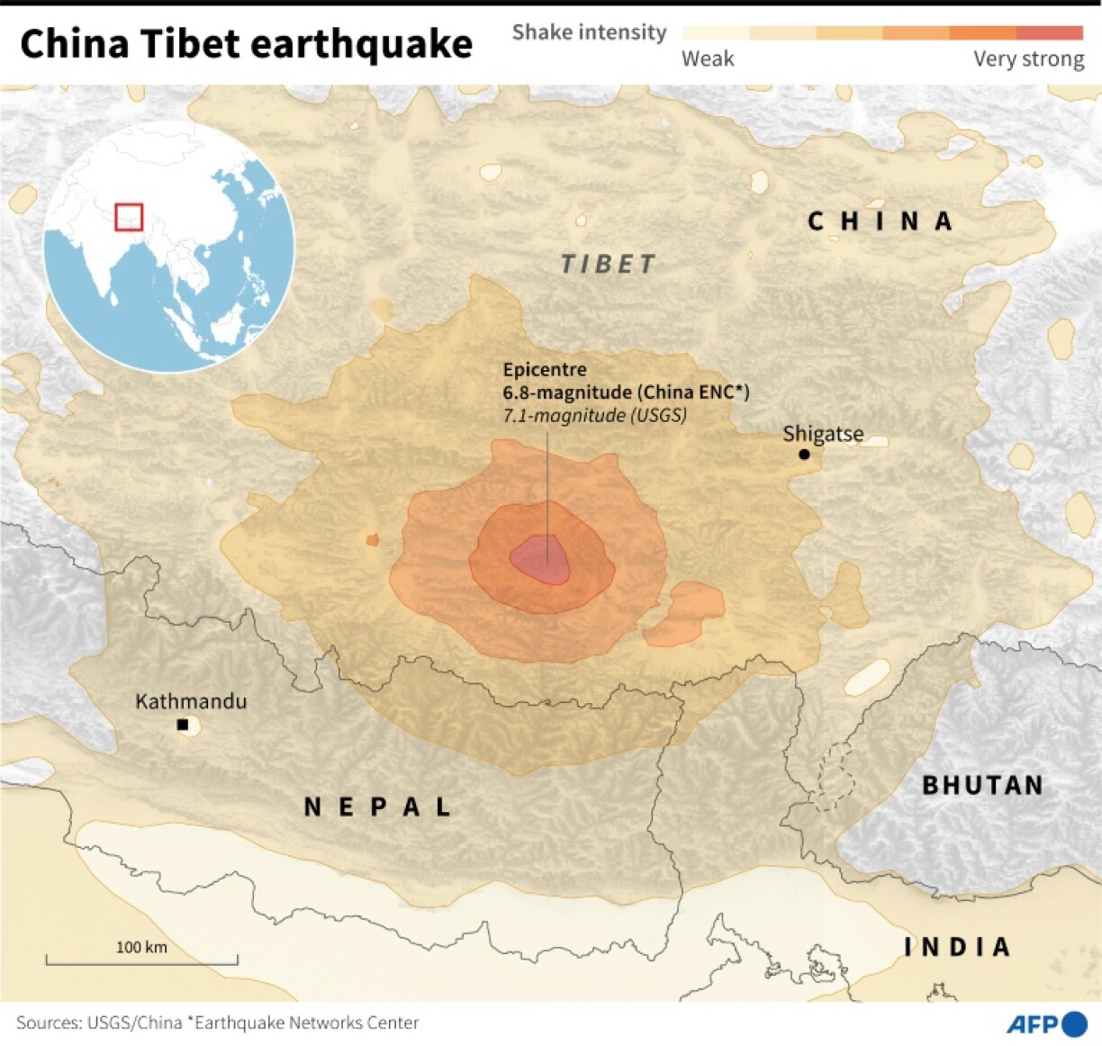 Map showing shake intensity in the region of Tibet and Nepal affected by a 6.8-magnitude earthquake on January 7