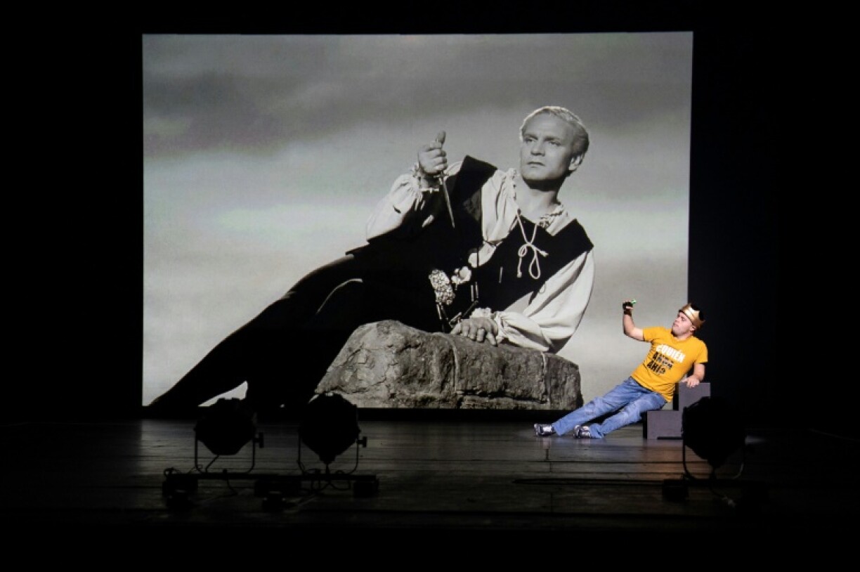 Jaime Cruz, a member of the Peruvian company Teatro La Plaza, who has Down syndrome, performs during a dress rehearsal of their production 'Hamlet' at The Barbican Theatre in London