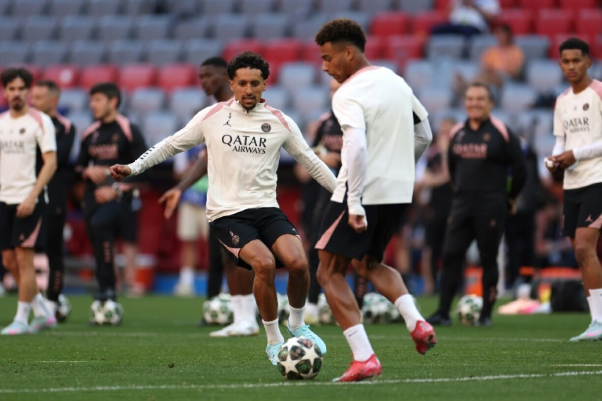 PSG captain Marquinhos in training with his teammates at the Allianz Arena in Munich on Friday