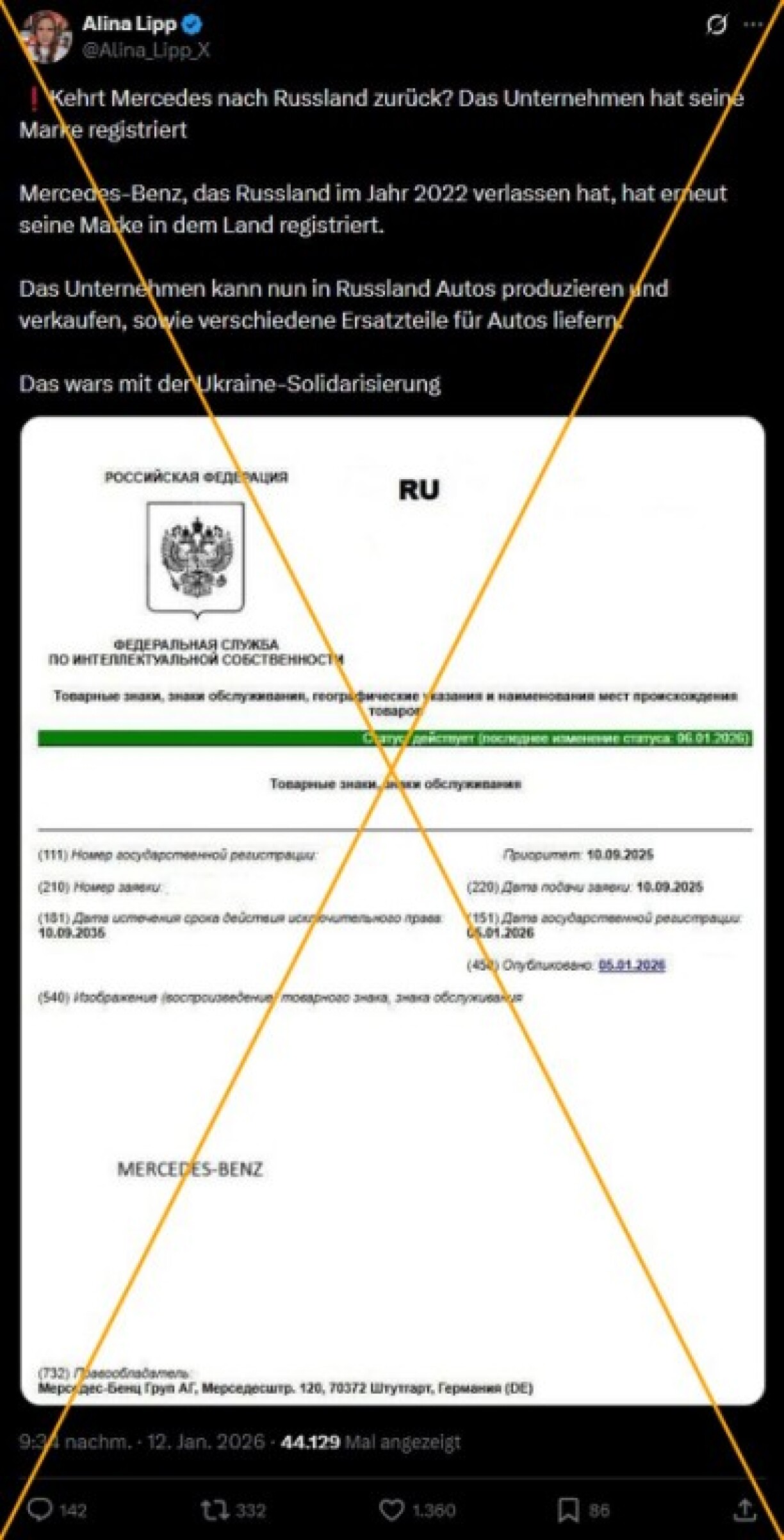 X-Screenshot der Behauptung, oranges Kreuz von AFP hinzugefügt: 20. Januar 2026