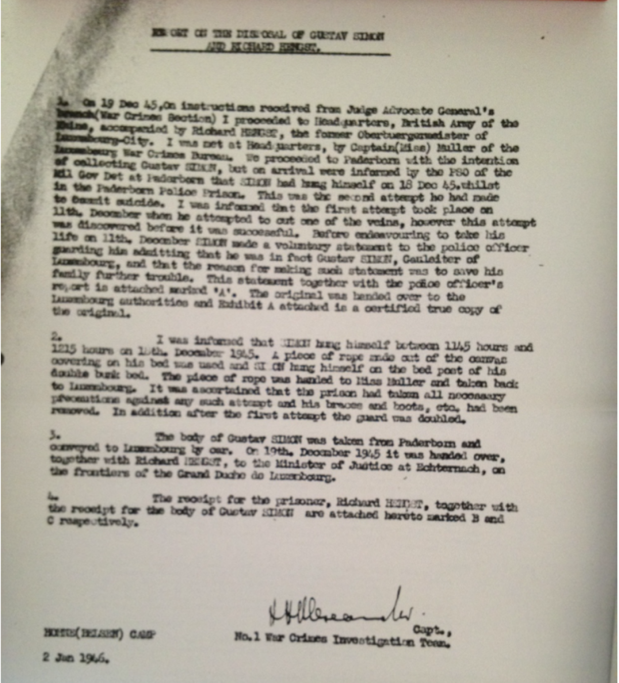 Captain Alexander's official report on the disposal of Gustav Simon and Richard Hengst, written in Belsen in January 1946.