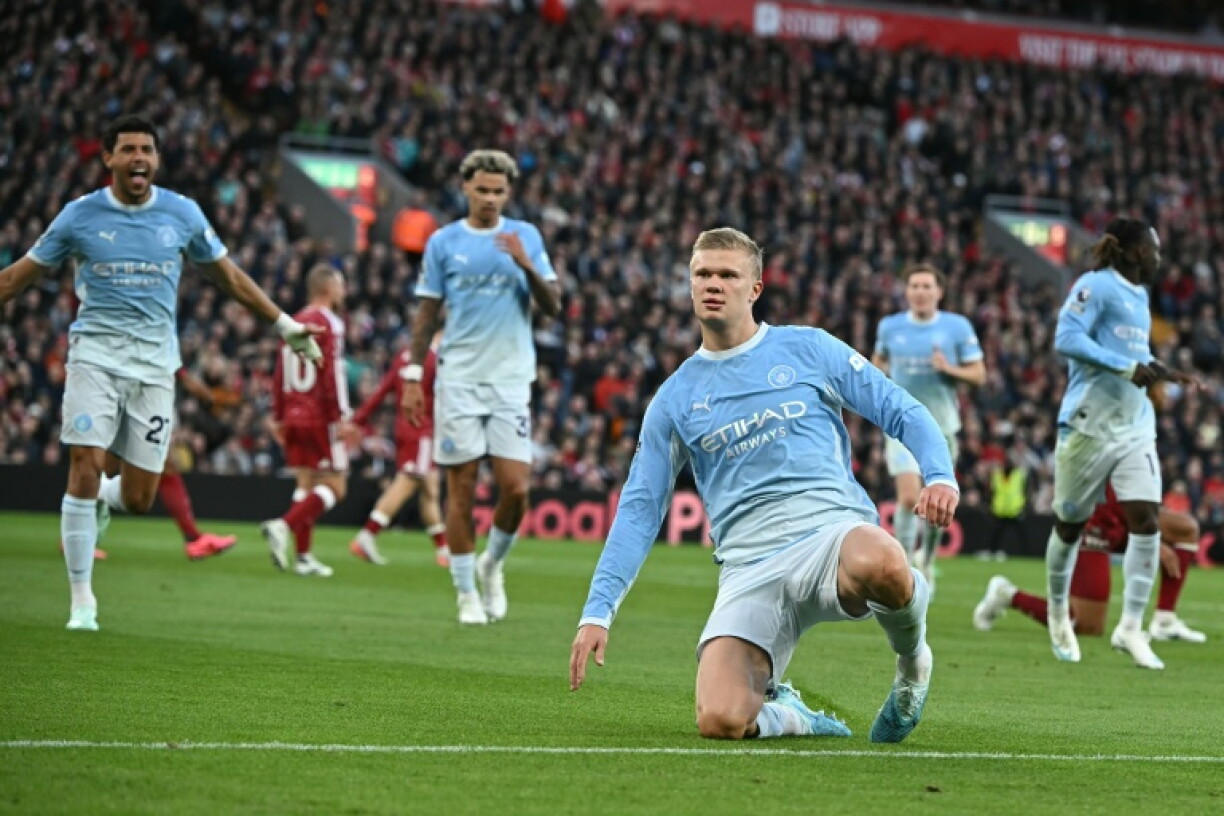 Le buteur de Manchester City Erling Haaland célèbre son but dans la victoire de son équipe à Liverpool, le 11 octobre 2026, dans un match comptant pour la 6e journée de Premier League