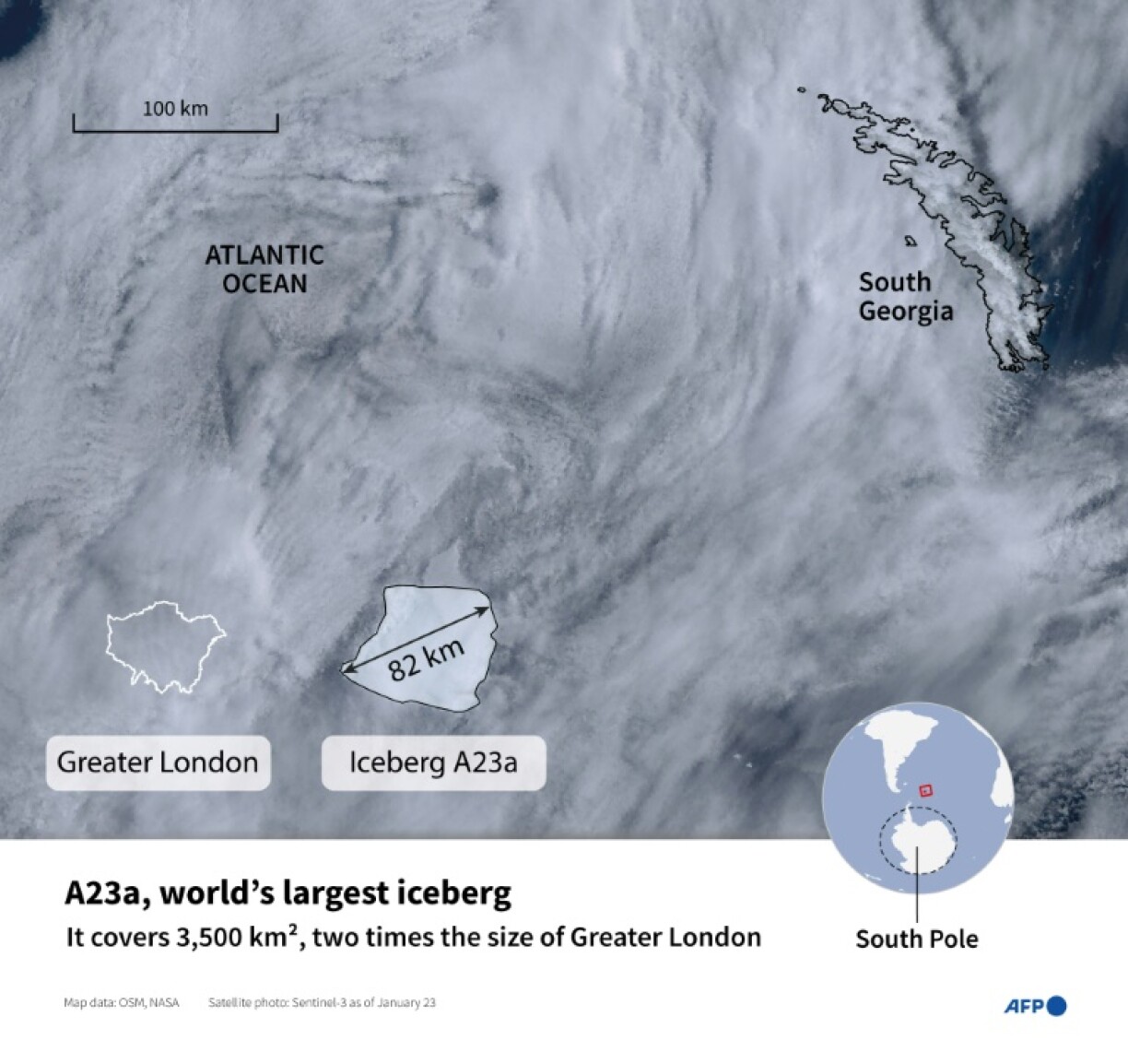 Satellite image of the world's largest iceberg A23a