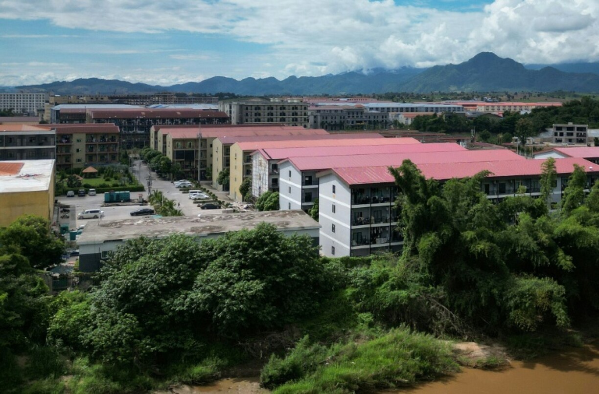 This aerial photo taken on September 17, 2025 from Mae Sot in Thailand shows the KK Park complex in Myanmar's eastern Myawaddy township which the Myanmar military said was a notorious internet scam compound