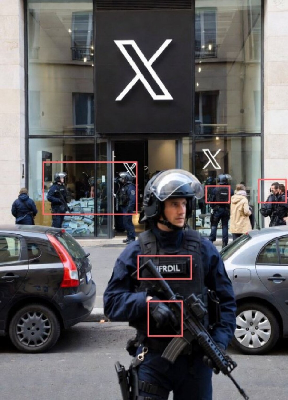 Mise en évidence des incohérences visuelles de l'image générée par IA. Encadrés rouges ajoutés par l'AFP.