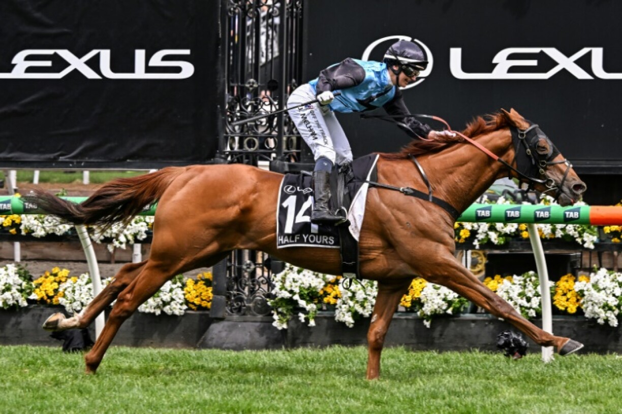 Half Yours ridden by Australian jockey Jamie Melham wins the Melbourne Cup