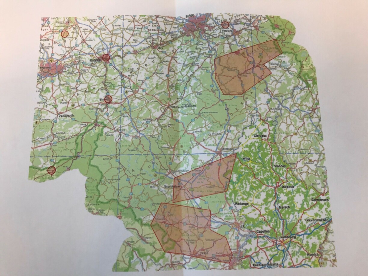 La carte présentée par Carole Dieschbourg: les trois zones rouges sont situées à proximité du territoire luxembourgeois.