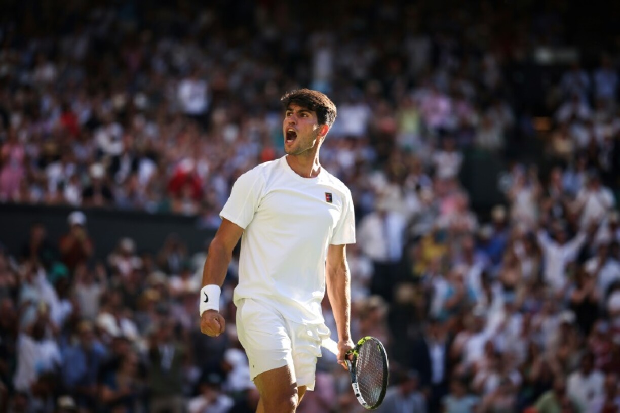 Spain's Carlos Alcaraz celebrates at Wimbledon