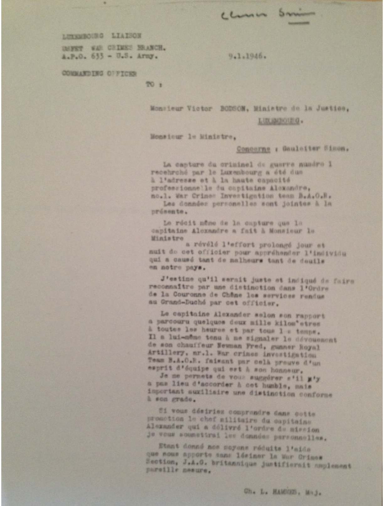 A letter from Judge Hammes, calling for Alexander to be rewarded with the Order of the Oak Crown.