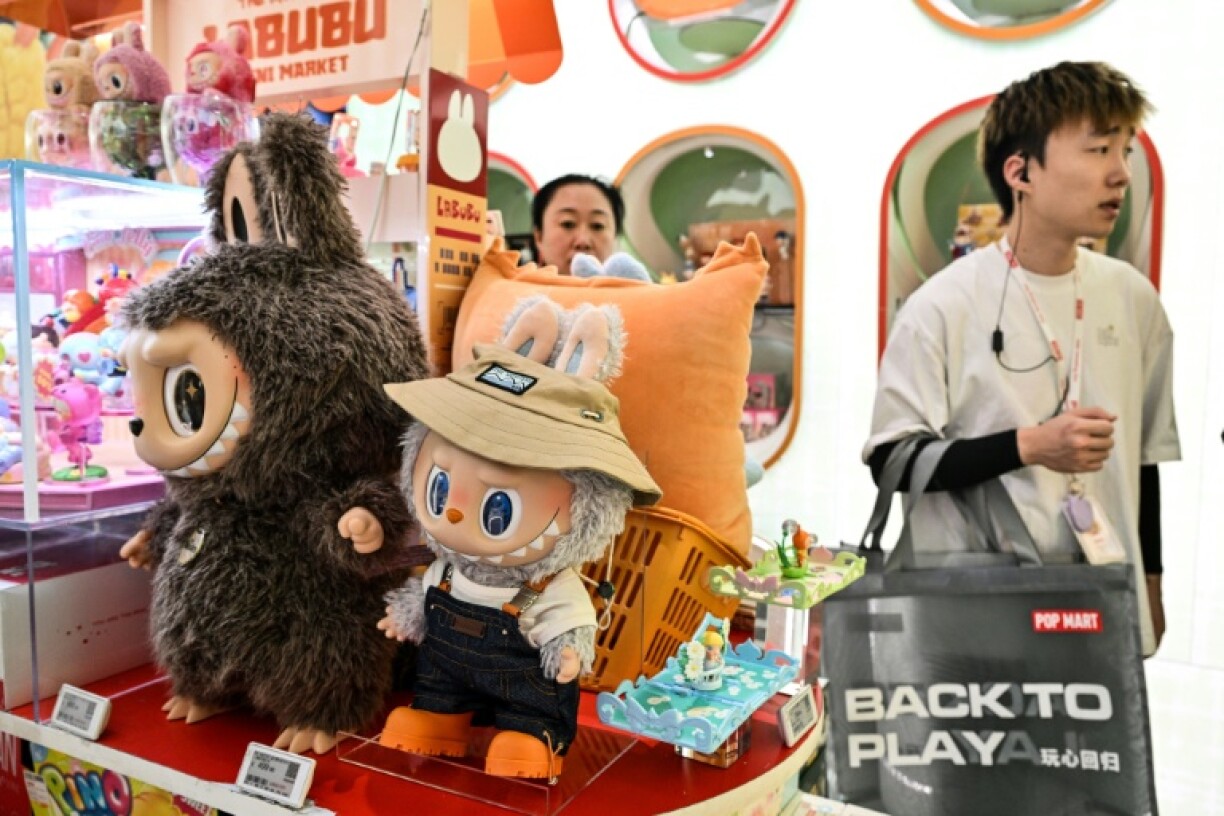 Labubu plush toys on display at a Pop Mart shop in Shanghai