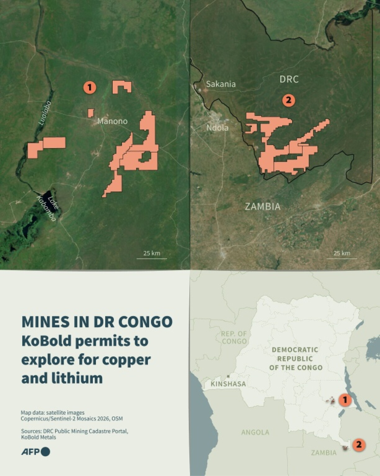 Infographic with a map and satellite images showing the Democratic Republic of the Congo and the mineral exploration permits held by the American company KoBold Metals