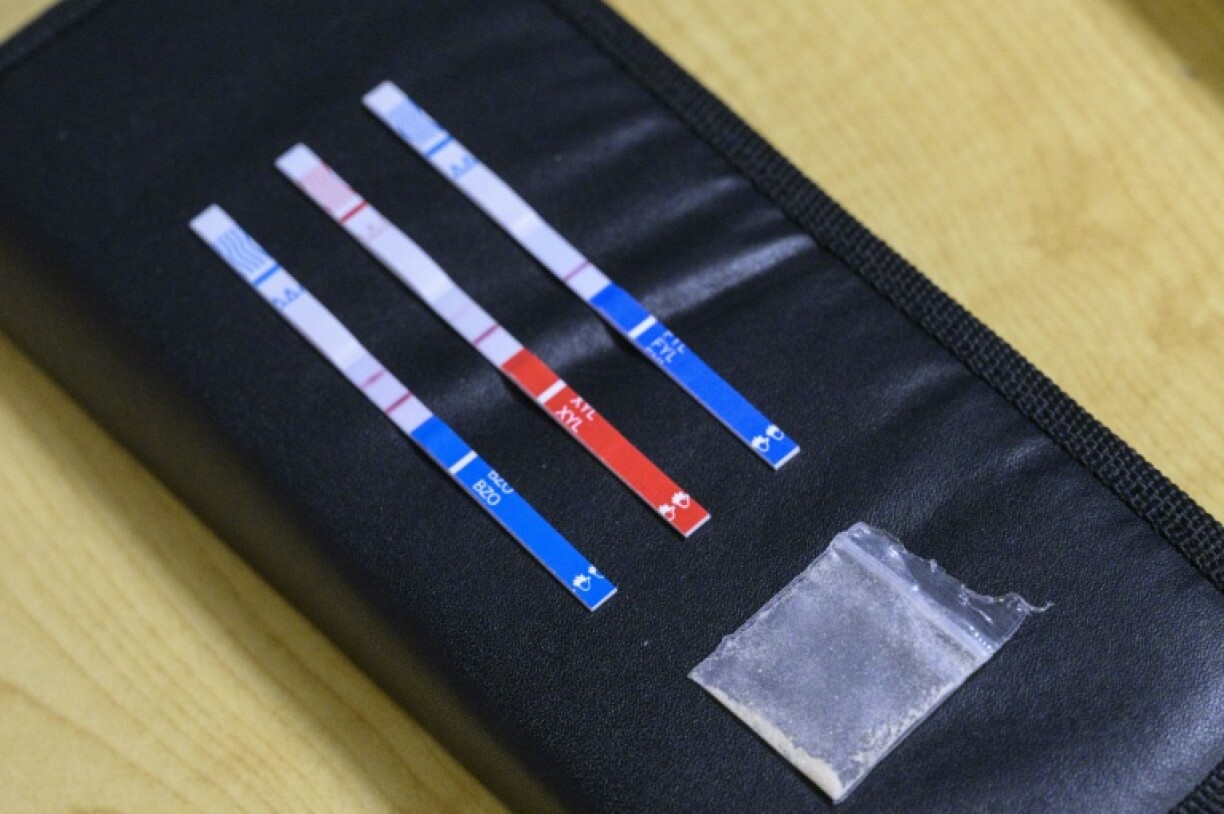 Tests strips, used to detect the presence of fentanyl and xylazine in different kinds of drugs, such as cocaine, methamphetamine, and heroin