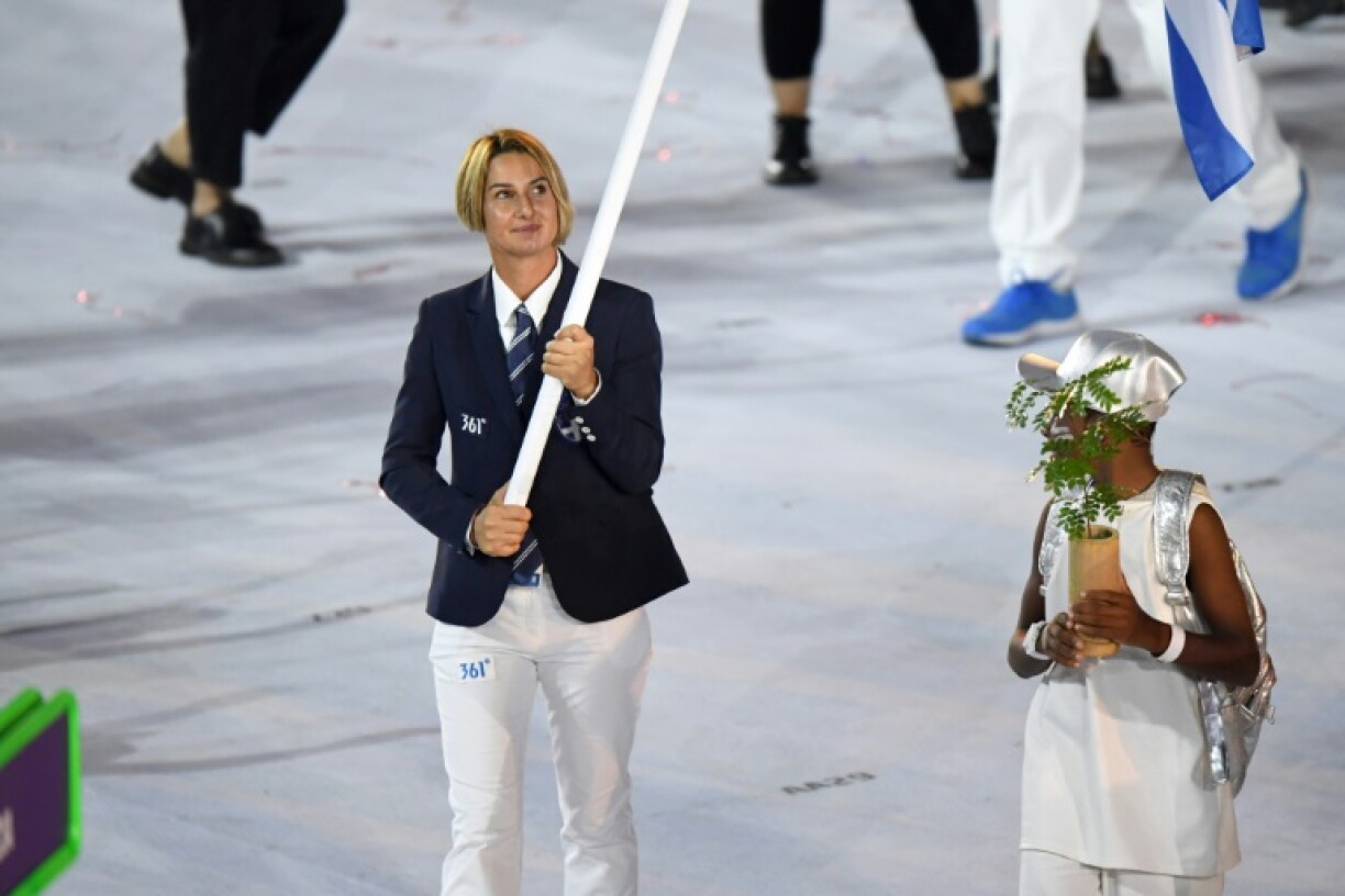 Sofia Bekatourou porte-drapeau de la Grèce à la cérémonie d'ouverture des Jeux de Rio, le 5 août 2016