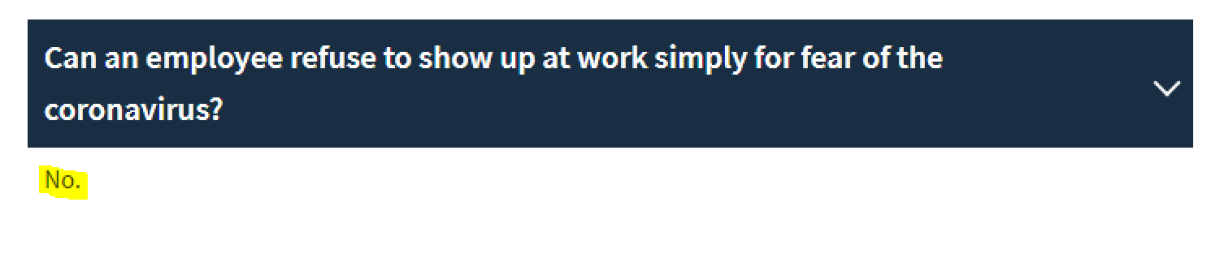 The government is nothing if not straight to the point here; you cannot refuse to go to work out of fear of catching the virus.