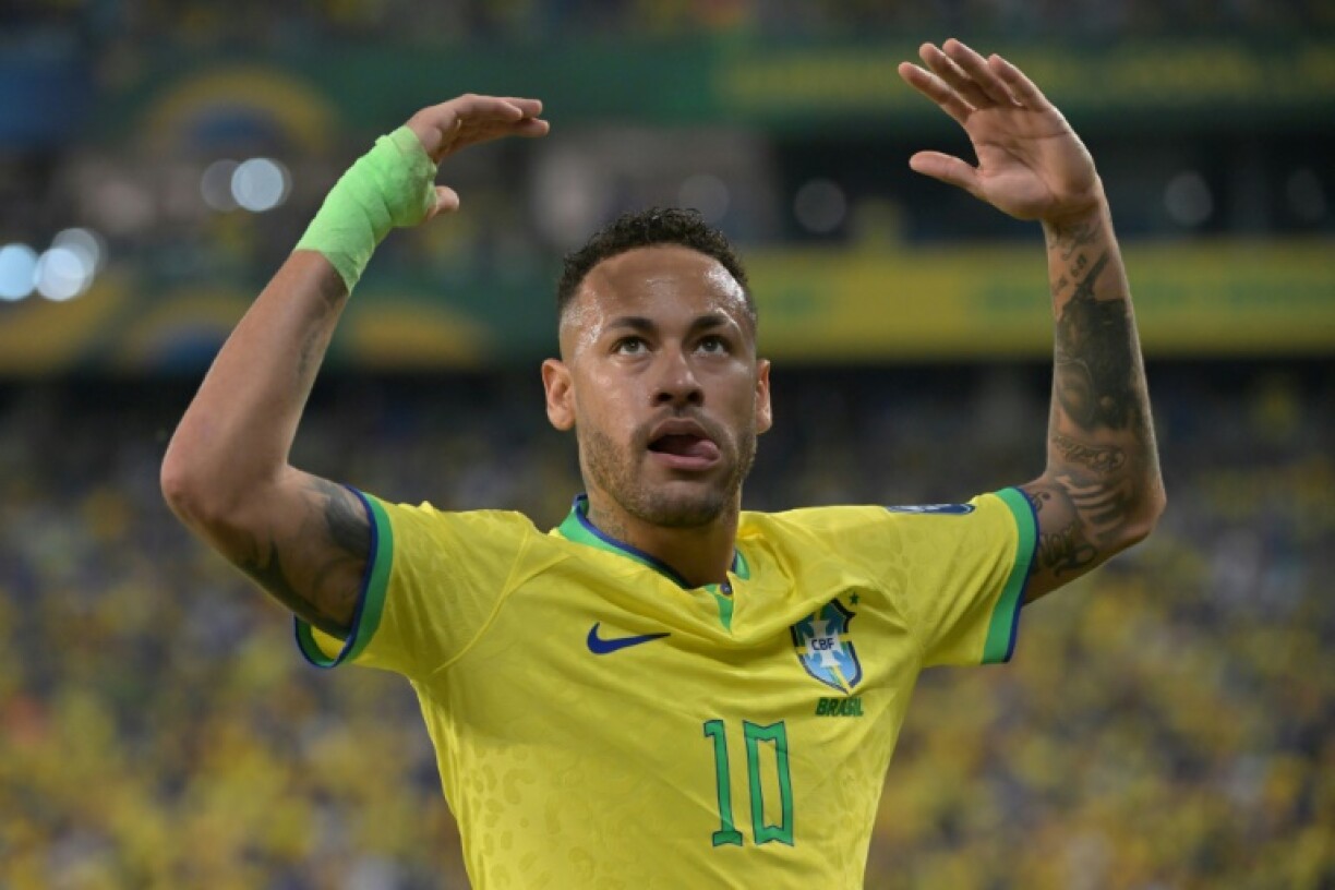 Neymar celebrates scoring in a World Cup qualifier against Venezuela in 2023