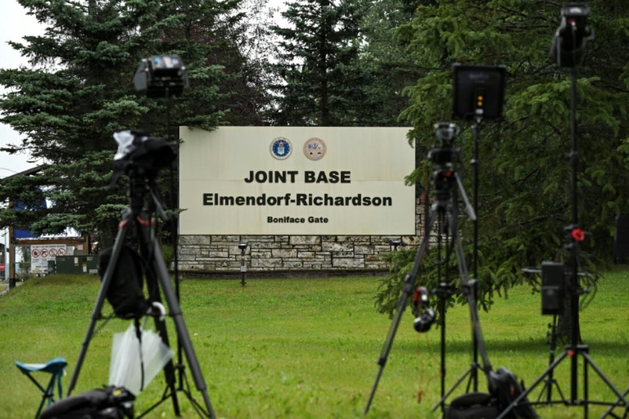An entrance sign to Joint Base Elmendorf in Anchorage, Alaska, where US President Donald Trump and Russian President Vladimir Putin will meet on August 15, 2025