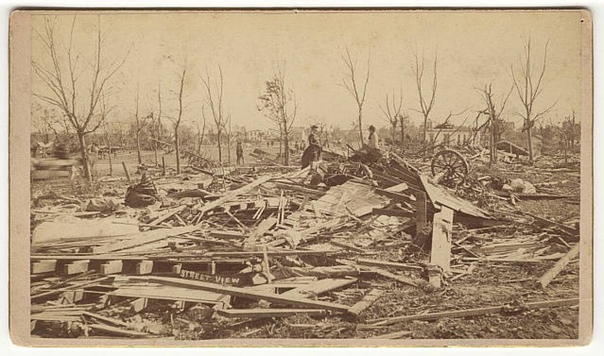 Damage from the Rochester, Minnesota tornado of 1883. View of Lower Town, approx 2nd Ave and 5th Street NW looking Northwest.