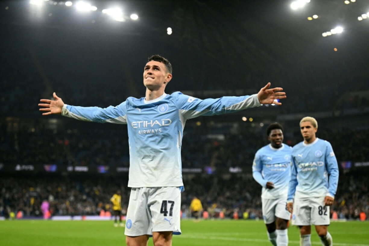 Manchester City's Phil Foden celebrates scoring against AEK Athens