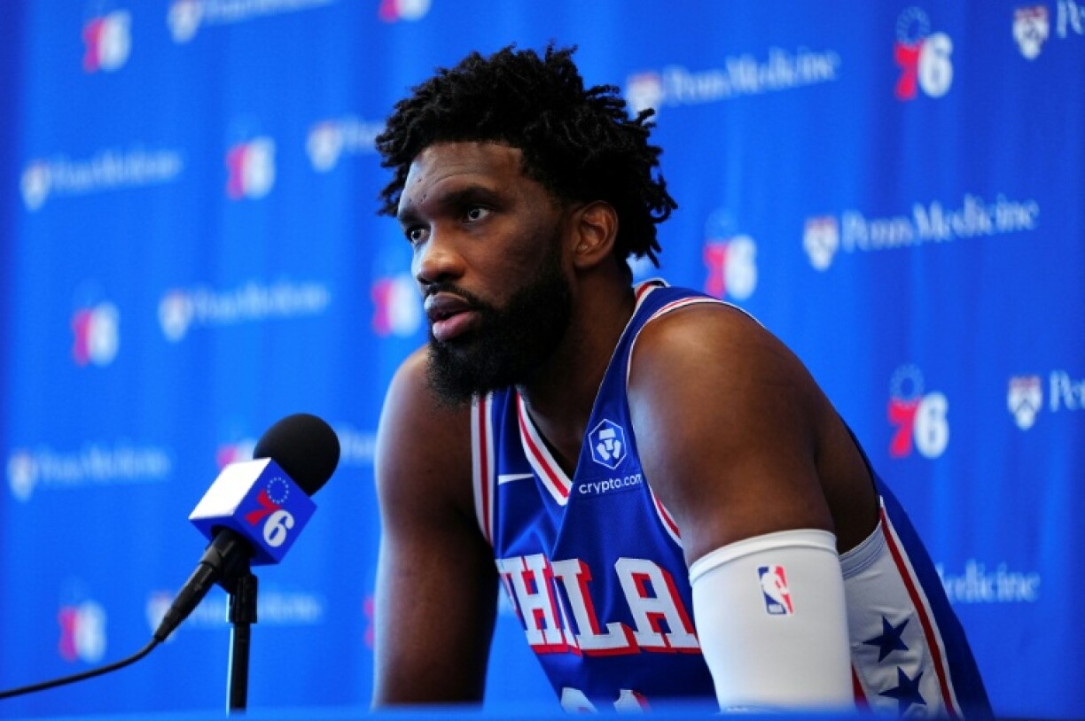 Joel Embiid of the Philadelphia 76ers participates in the NBA team's pre-season media day