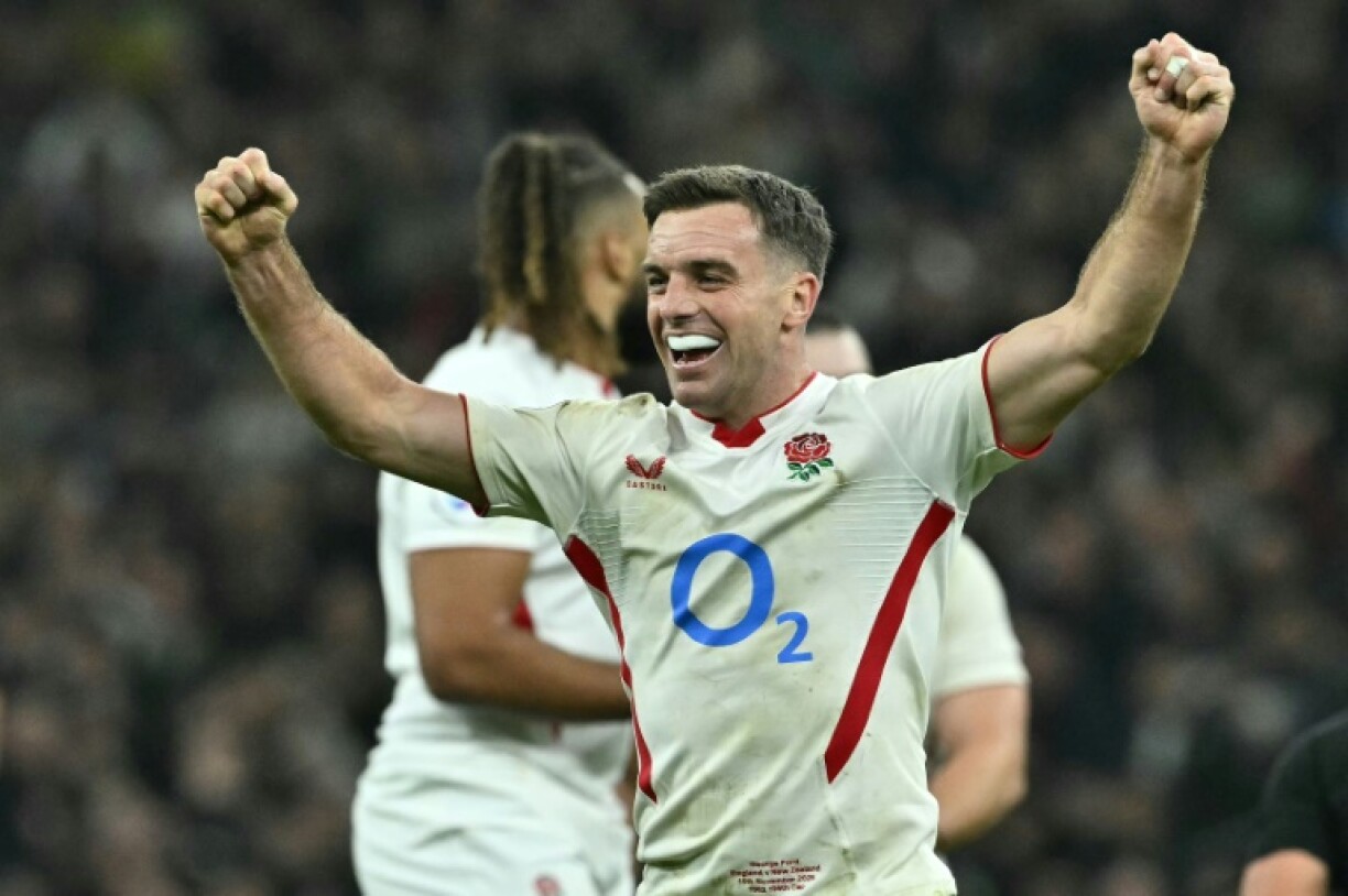 England fly-half George Ford celebrates on the final whistle following a 33-19 win over New Zealand at Twickenham
