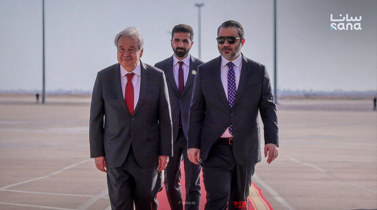 UN-Generalsekretär Antonio Guterres vu syreschem Ausseminister Asaad al-Shaibani empfaange ginn