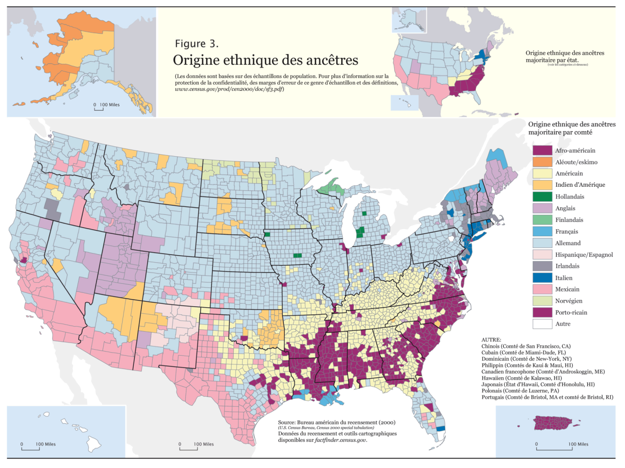 La carte des origines ethniques majoritaires aux États-Unis par comté en 2000. Les origines allemandes sont en bleu clair.