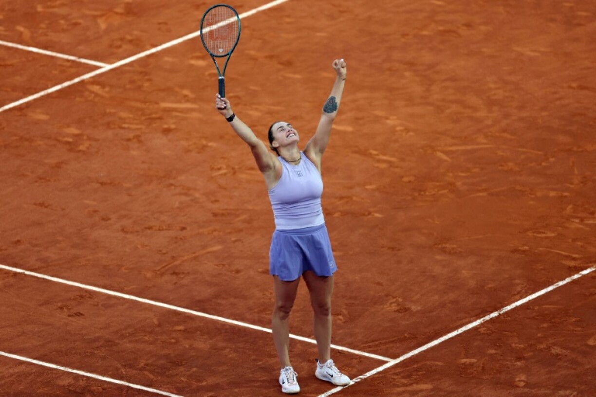 Aryna Sabalenka reacts to beating Coco Gauff in the Madrid Open final on Saturday