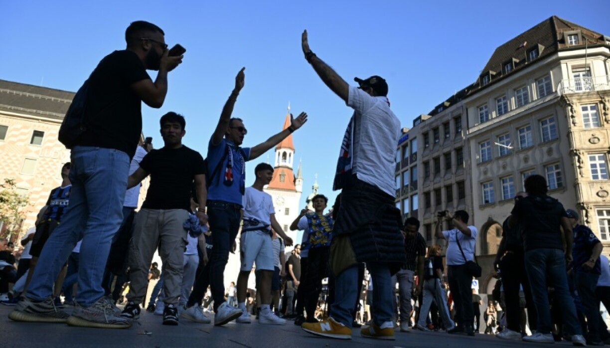 Fans gather in the Marienplatz in the centre of Munich on Friday ahead of the Champions League final